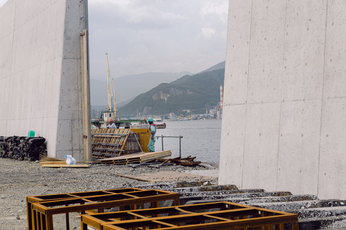 Seawall being constructed on the seafront to protect against tsunamis in Japan