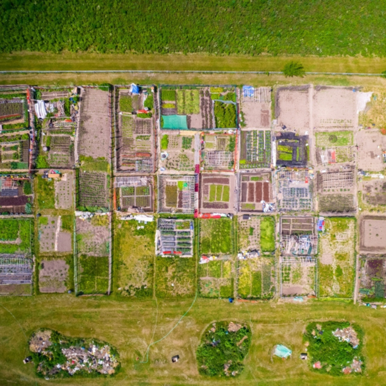 Aerial view showing patchwork nature and shape of a number of urban community gardens.